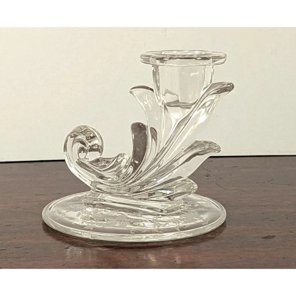 Vintage Clear Glass Cornucopia Candlestick Etched Floral UV Reactive Glows 4.25
